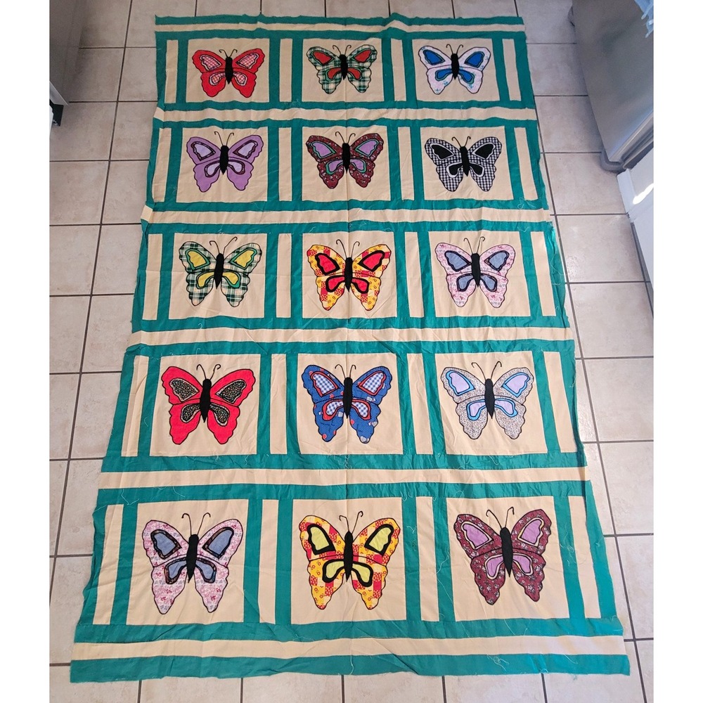 Handmade Butterfly Appliqué Quilt Top, Unfinished Multicolor Teal Border